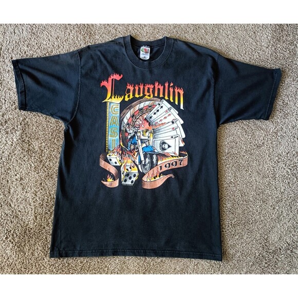 Vintage Laughlin Biker T-Shirt Men's Large Black Short Sleeve - Picture 1 of 9